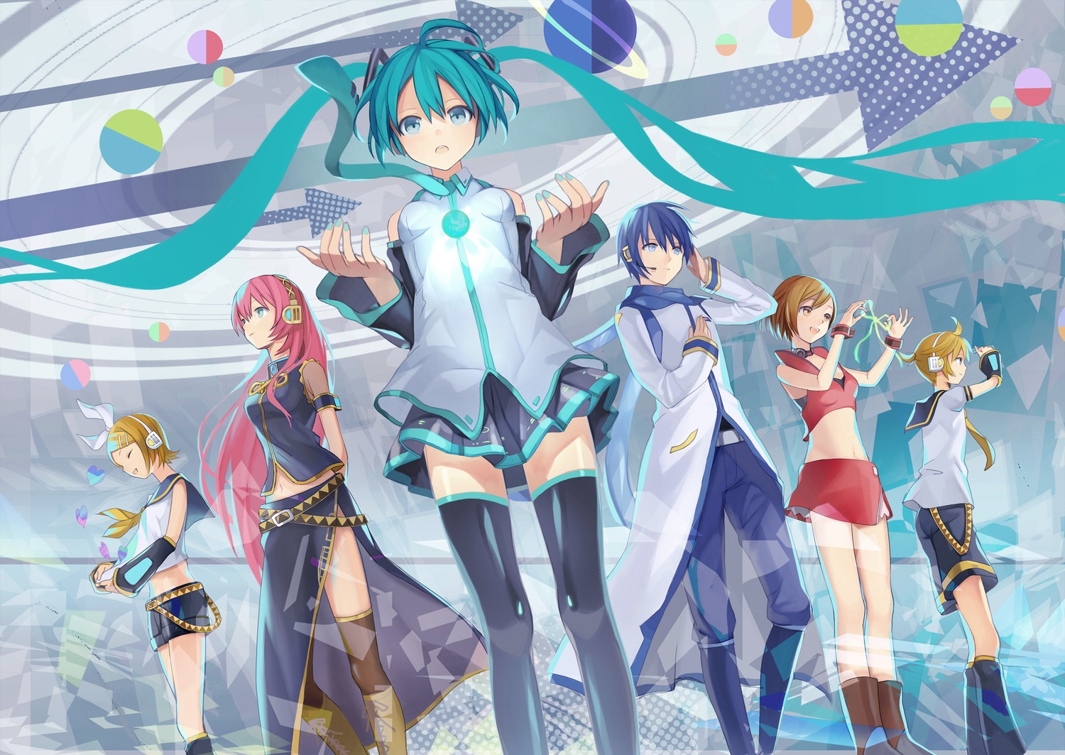 aqua_hair, blonde_hair, blue_hair, boots, brown_hair, choker, group, hatsune_miku