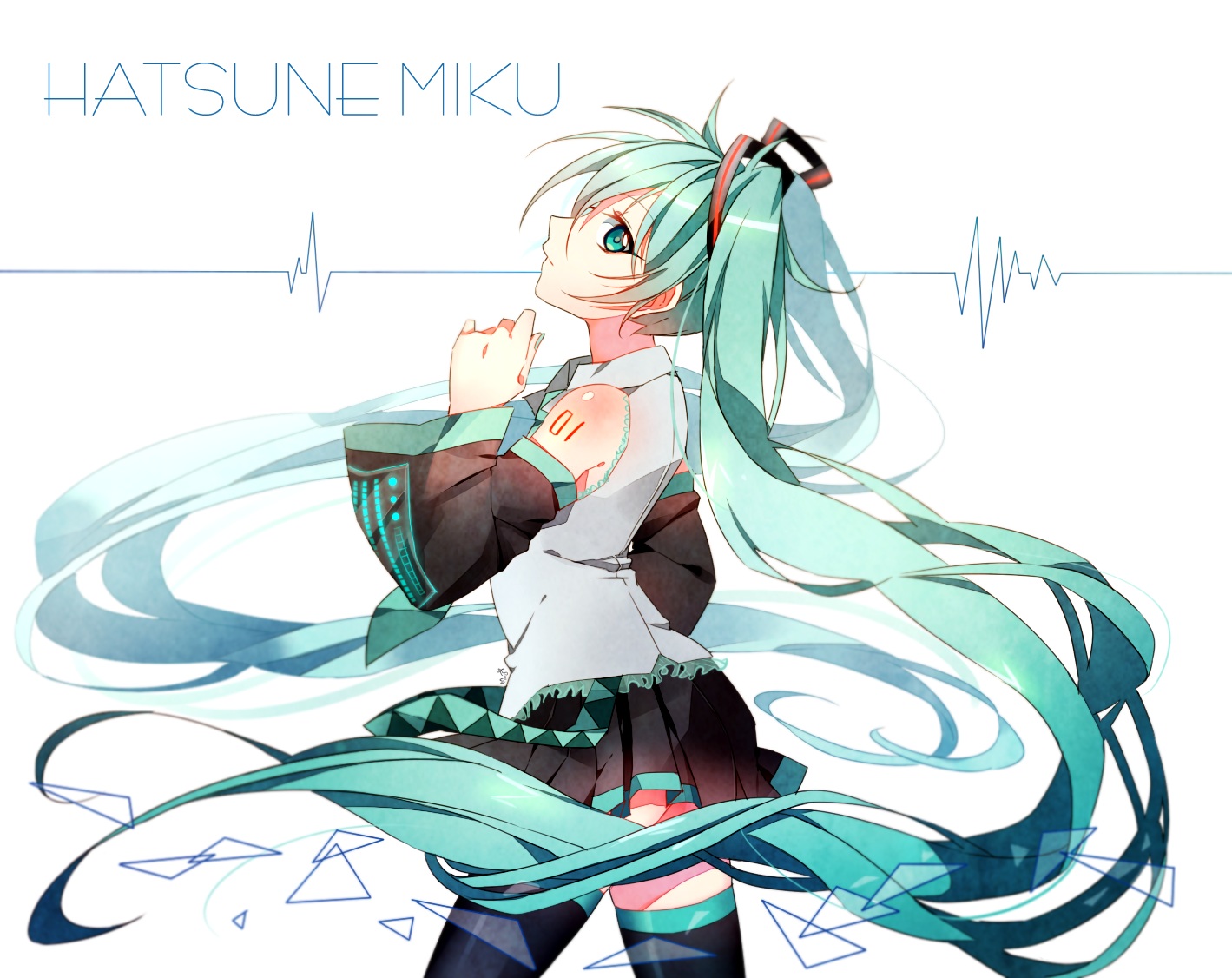green_eyes, green_hair, hatsune_miku, long_hair, maro_(lij512), skirt, tattoo, thighhighs, twintails, vocaloid