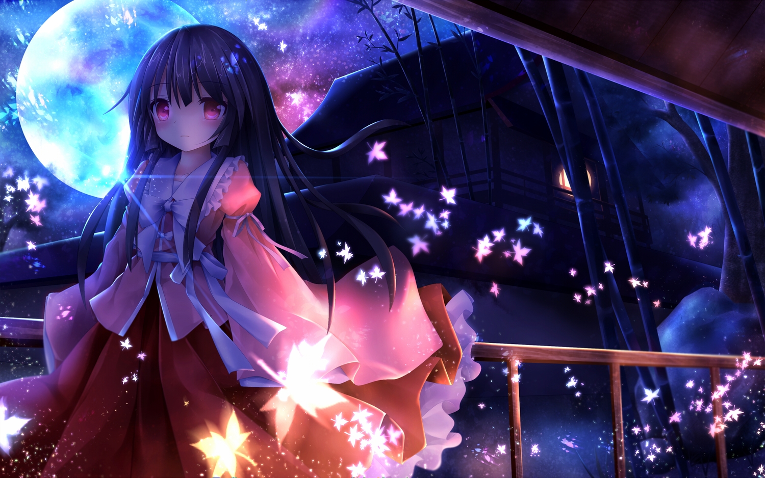 black_hair, building, fromage_tart, houraisan_kaguya, japanese_clothes, long_hair, moon, night, petals, pink_eyes, touhou