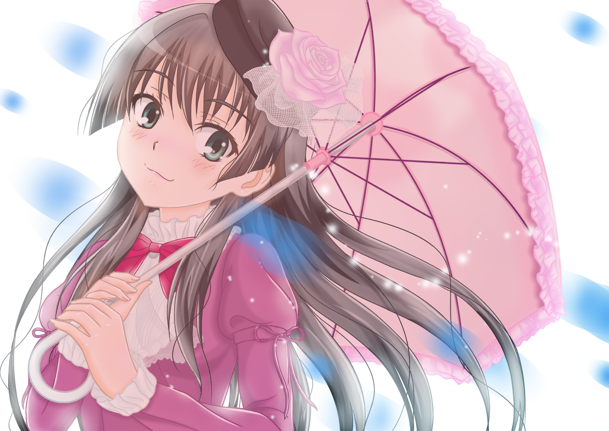 black_hair, dress, flowers, green_eyes, hat, h.i.t_(59-18-45), long_hair, ribbons
