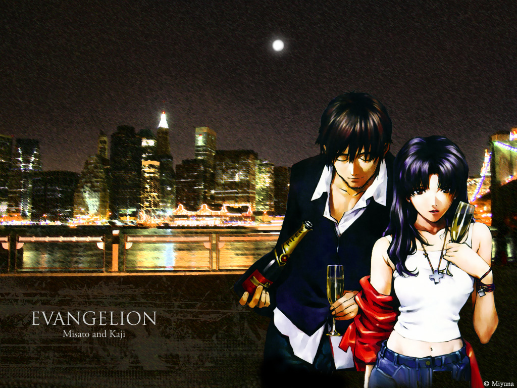 katsuragi_misato, neon_genesis_evangelion, ryoji_kaji, sadamoto_yoshiyuki