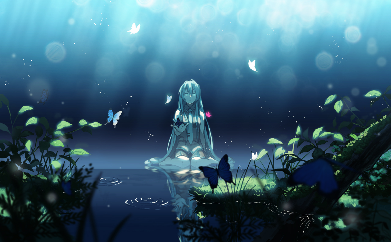 amemura_(caramelo), aqua_eyes, aqua_hair, butterfly, grass, hatsune_miku, leaves, long_hair