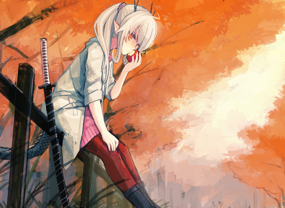 apple, autumn, bee_(deadflow), boots, food, fruit, gray_hair, katana
