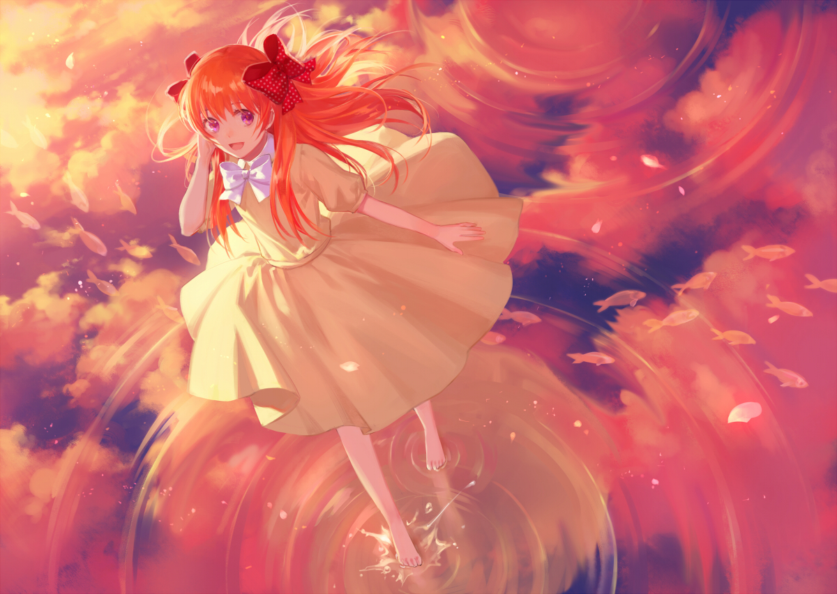 animal, barefoot, bow, cotta, dress, fish, gekkan_shoujo_nozaki-kun, long_hair