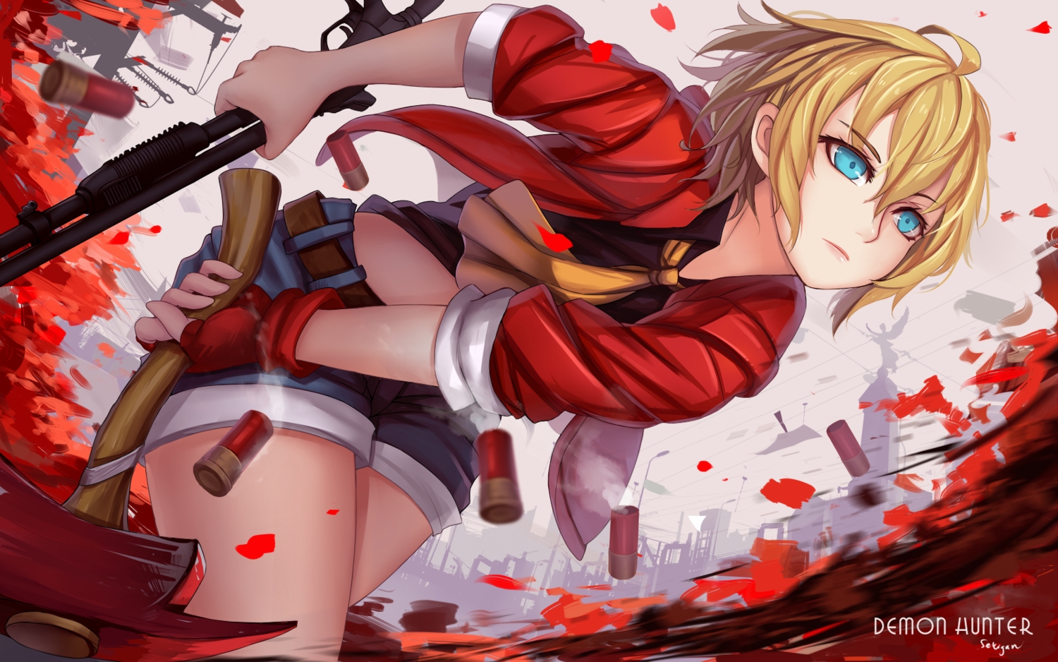blonde_hair, blue_eyes, gloves, gun, original, sekigan, short_hair, shorts, signed, tie, weapon