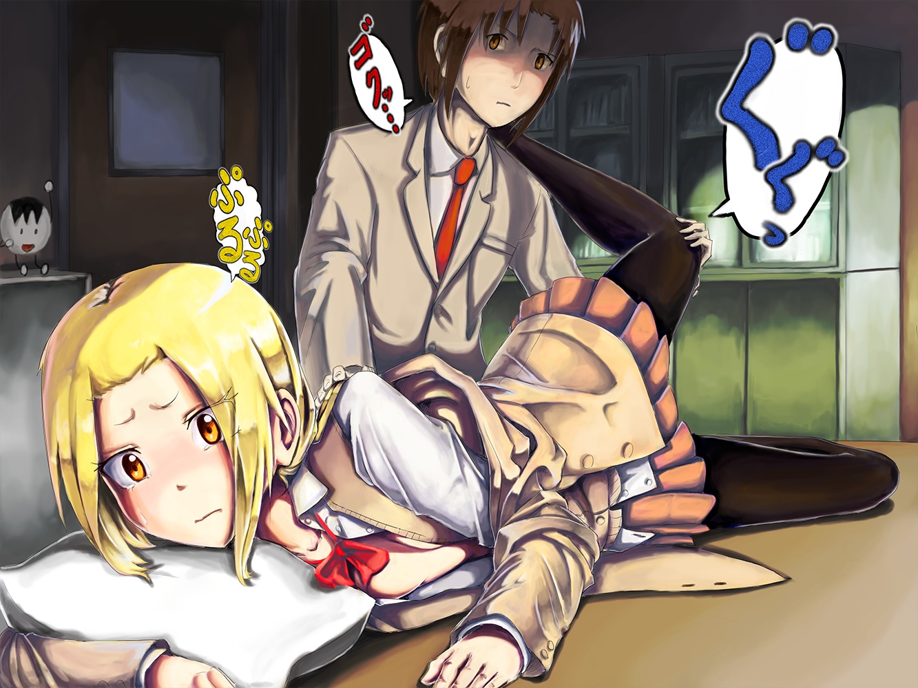 blonde_hair, breasts, brown_hair, hagimura_suzu, male, ribbons, school_uniform, seitokai_yakuindomo