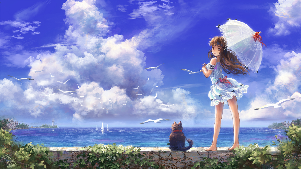 animal, barefoot, bird, boat, brown_eyes, brown_hair, cat, clouds, dress, long_hair, miyai_haruki, original, ribbons, signed, sky, umbrella, water