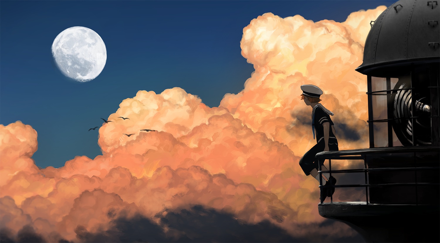 all_male, animal, bird, blonde_hair, clouds, hat, lighthouse, mage_(replica), male, moon, original, short_hair, sky, uniform