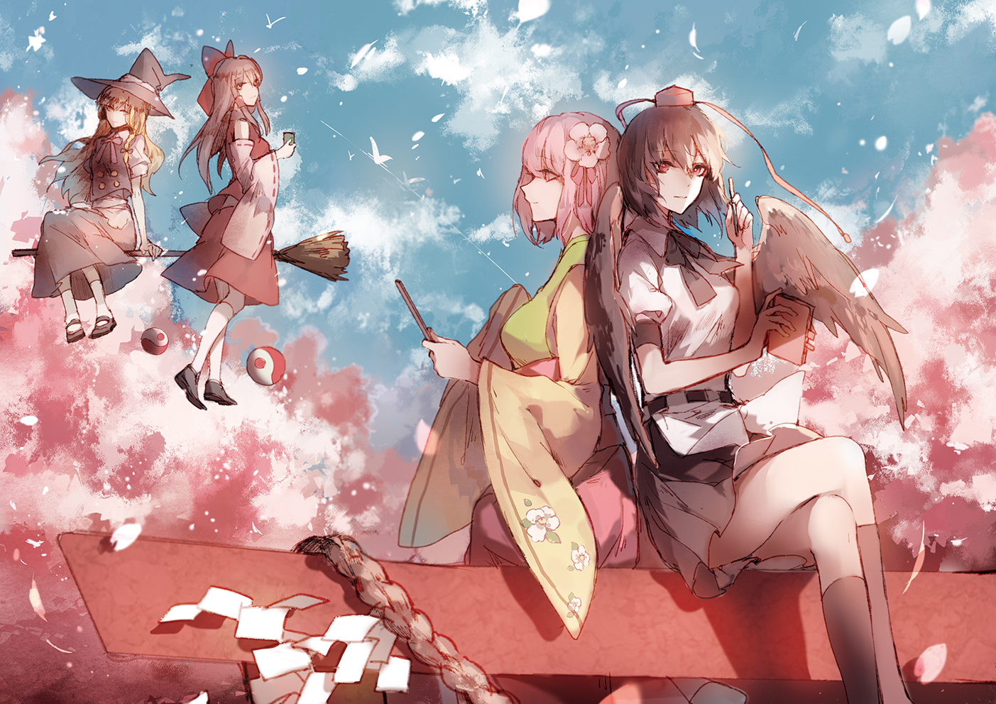 animal, bird, black_hair, blonde_hair, bow, brown_hair, cherry_blossoms, clouds, feathers, flowers, group, hakurei_reimu, hat, hieda_no_akyuu, japanese_clothes, kirisame_marisa, kneehighs, long_hair, miko, petals, purple_hair, raito47, shameimaru_aya, short_hair, skirt, sky, torii, touhou, wings, witch, witch_hat