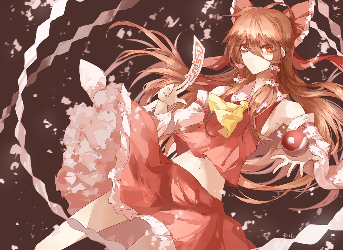 bow, brown_eyes, brown_hair, hakurei_reimu, japanese_clothes, long_hair, miko, navel