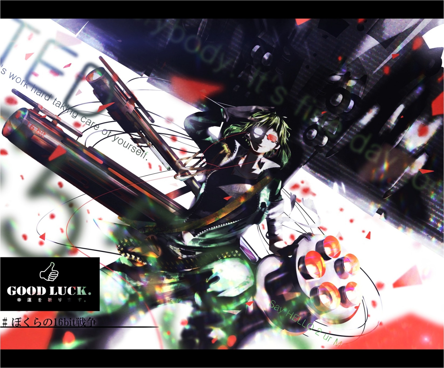 bokura_no_16bit_warz_(vocaloid), goggles, gumi, gun, jpeg_artifacts, prsn-8018108, vocaloid, weapon