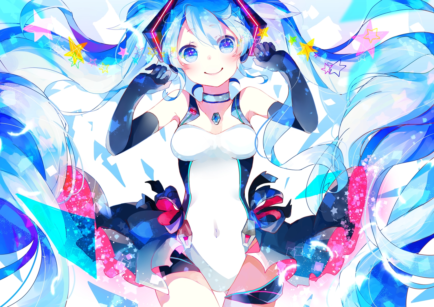 blue_eyes, blue_hair, choker, hatsune_miku, long_hair, navel, shirayuki_towa, twintails, vocaloid
