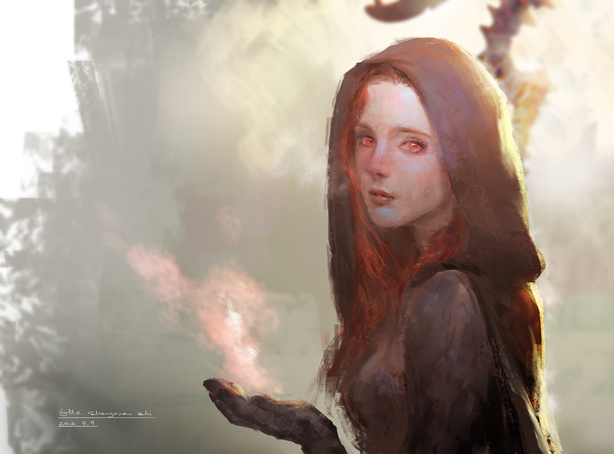 dark_souls, fire, lost_elle, original, red_eyes, red_hair, signed, staff
