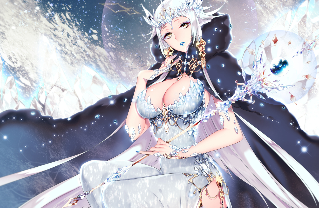 breasts, cape, cleavage, crown, dress, long_hair, mirunai, original, signed, staff, white_hair