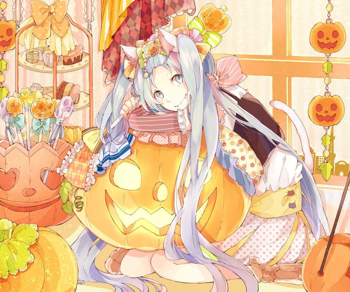 animal_ears, bow, candy, catgirl, fang, food, halloween, hatsune_miku, long_hair, manako_(manatera), pumpkin, tail, twintails, vocaloid