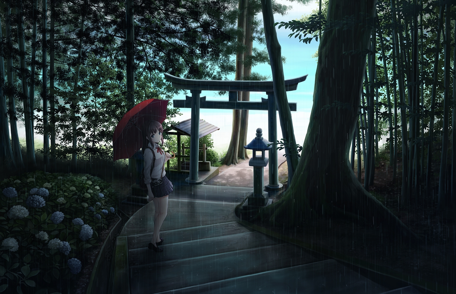 black_eyes, brown_hair, dark, flowers, leaves, long_hair, original, rain, skirt, stairs, torii, tree, umbrella, water, yume32ki