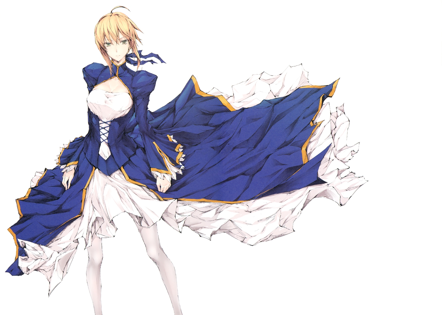 artoria_pendragon_(all), blonde_hair, dress, fate_(series), fate/stay_night, green_eyes, kizuki_aruchu, pantyhose, saber, white