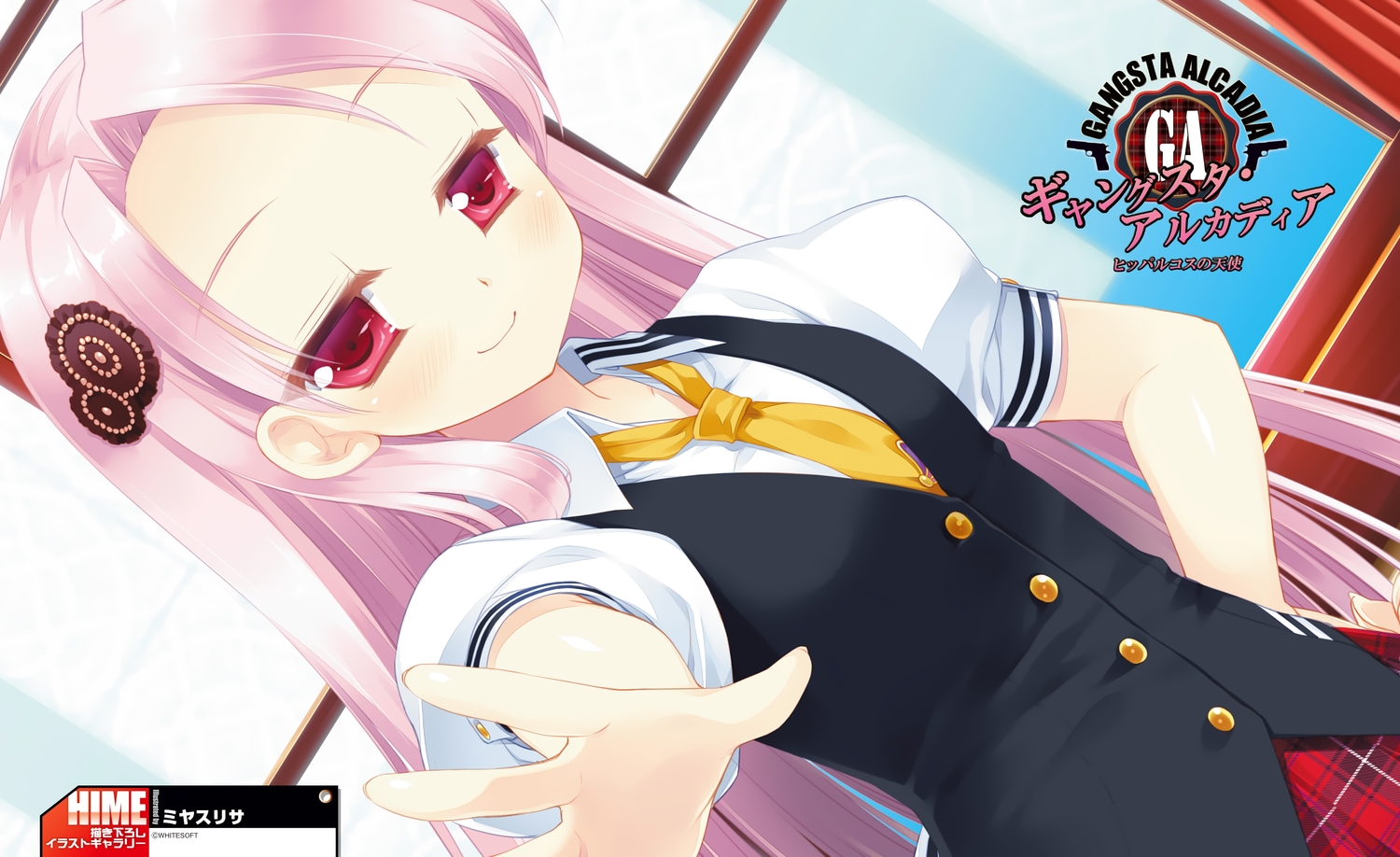 blush, dengeki_hime, gangsta_alcadia, gangsta_republica, long_hair, miyasu_risa, pink_hair, red_eyes