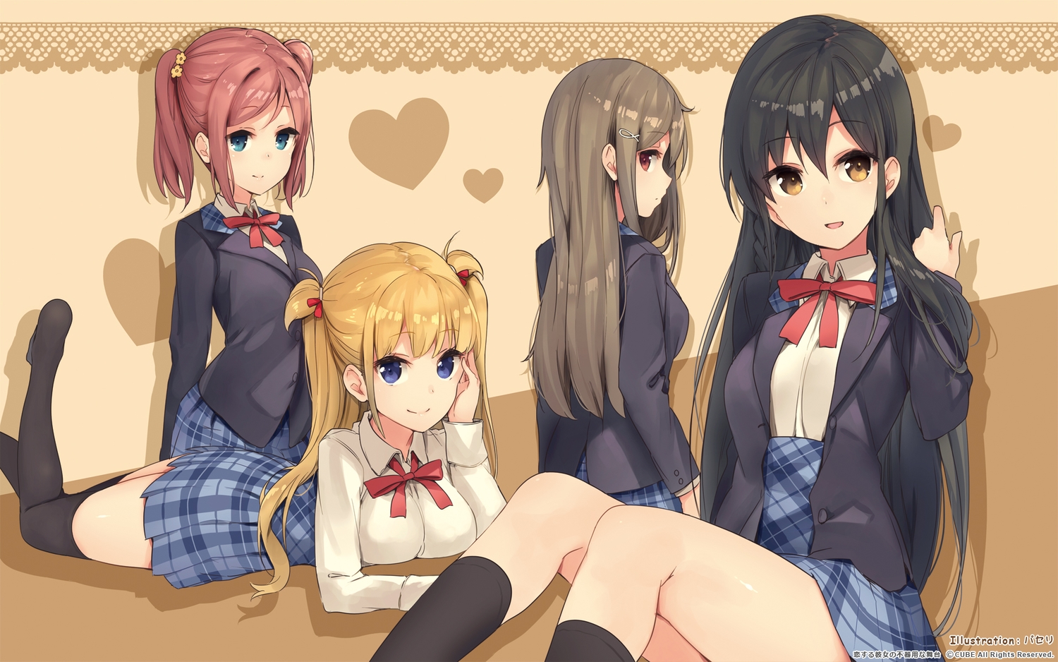 alice_third_macy, black_hair, blonde_hair, blue_eyes, bow, brown_hair, chiyoda_momoka, cube