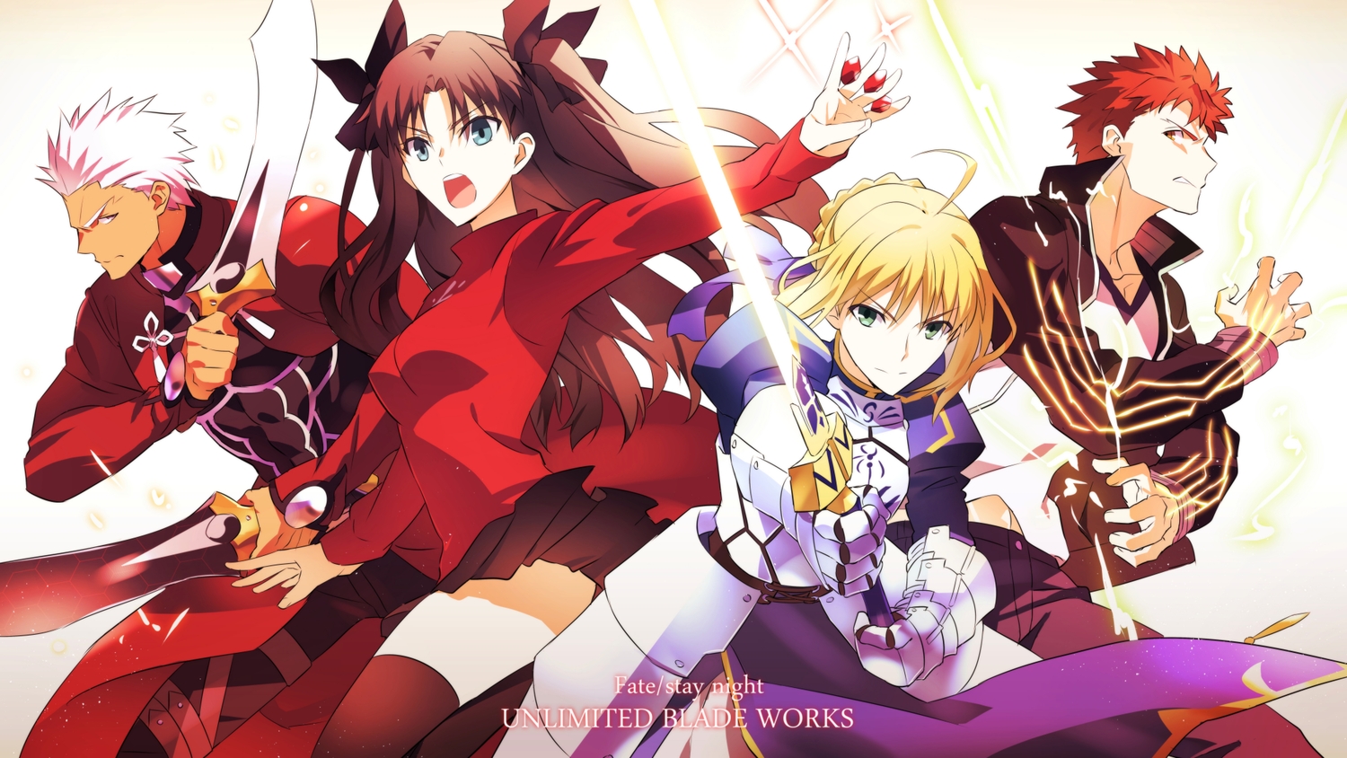 archer, armor, artoria_pendragon_(all), blonde_hair, blue_eyes, brown_hair, dark_skin, emiya_shirou, fate_(series), fate/stay_night, green_eyes, group, kon_manatsu, long_hair, male, orange_eyes, red_eyes, red_hair, saber, short_hair, skirt, sword, thighhighs, tohsaka_rin, weapon, white_hair