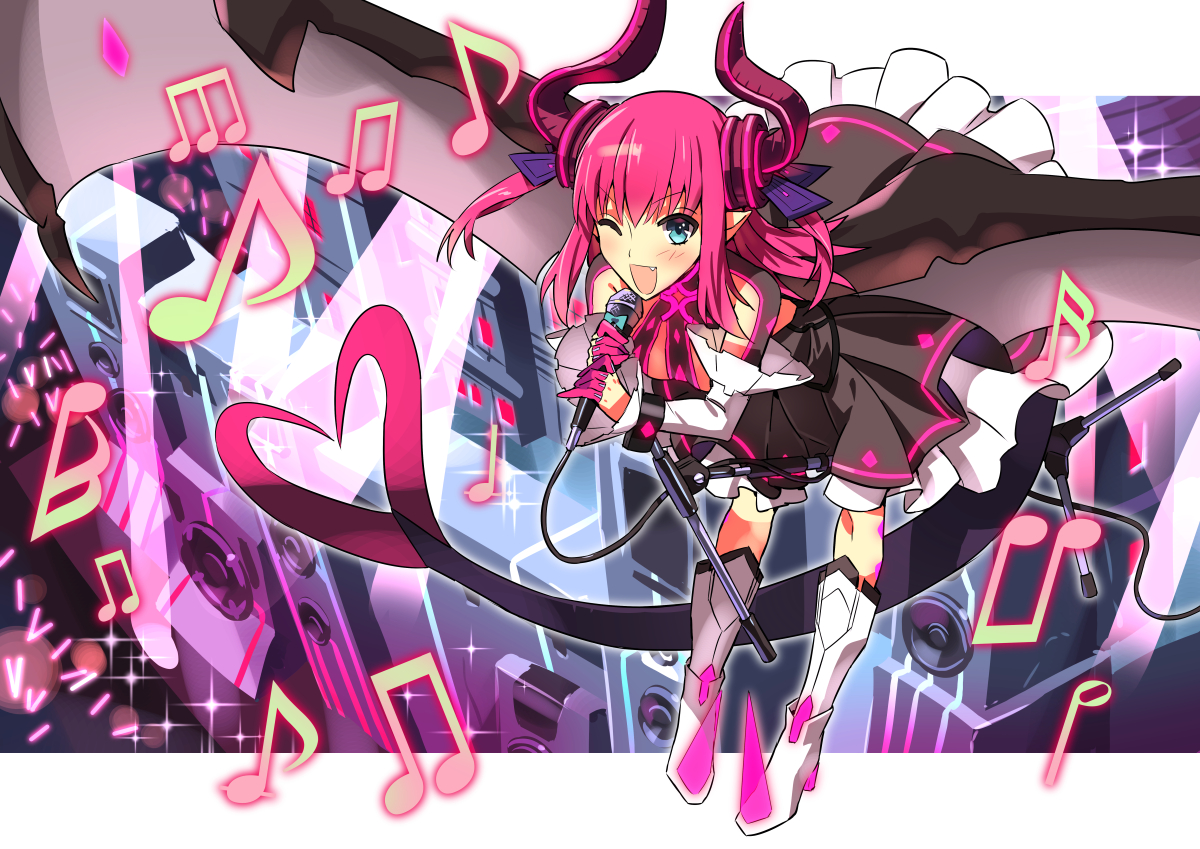 blue_eyes, blush, boots, dress, elizabeth_bathory_(fate), fang, fate/extra, fate/extra_ccc, fate_(series), heart, horns, kneehighs, kon_manatsu, long_hair, microphone, music, pink_hair, pointed_ears, tail, wings, wink