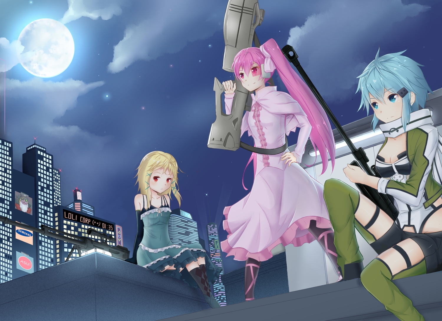 akame_ga_kill!, black_bullet, crossover, gun_gale_online, mine_(akame_ga_kill!), rifuki, shinon_(sao), sword_art_online