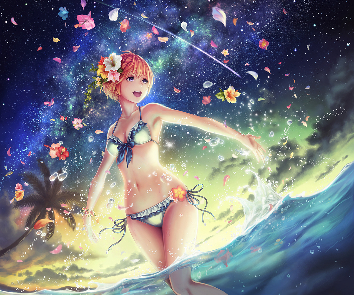 anbe_yoshirou, bikini, bikini_top, blonde_hair, breasts, cleavage, cropped, flowers