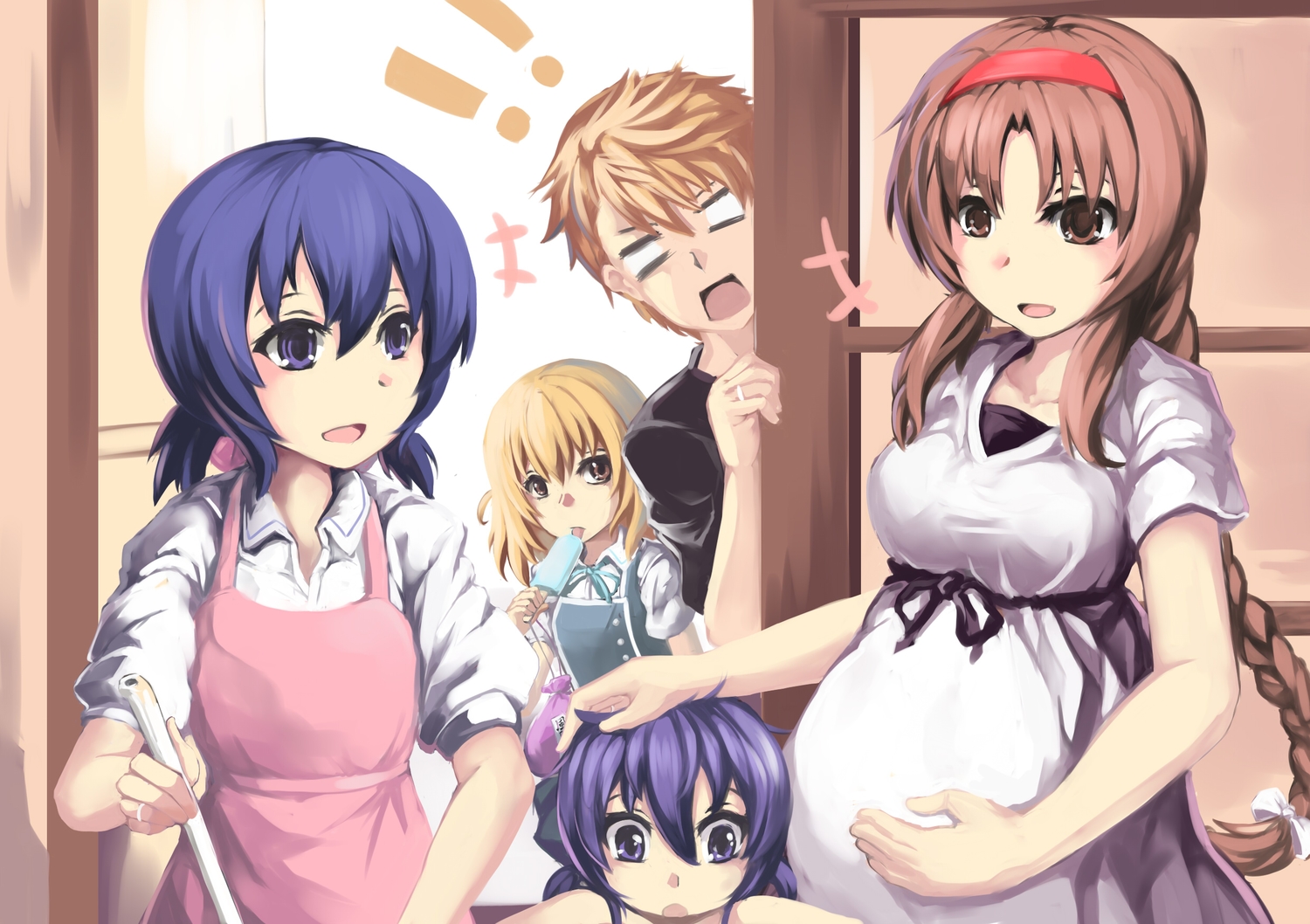 apron, blonde_hair, blue_eyes, blue_hair, braids, brown_eyes, brown_hair, d-fragments, food, funabori, headband, ice_cream, kazama_kenji, long_hair, lu_hao_liang, male, pregnant, shibasaki_roka, takao_buchou, yellow_eyes