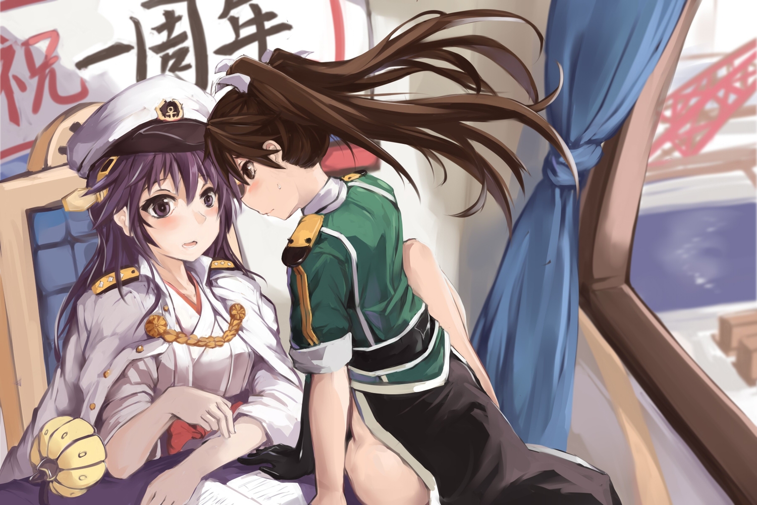 2girls, admiral_(kancolle), anthropomorphism, black_eyes, black_hair, blush, bow, brown_eyes