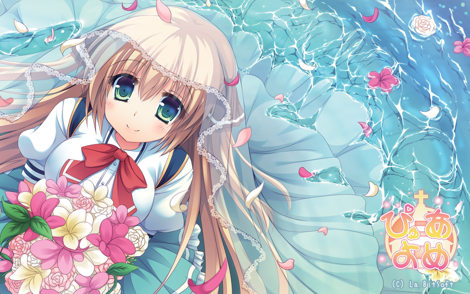 bow, brown_hair, flowers, furukawa_lemon, green_eyes, headdress, logo, long_hair, narumi_seira, petals, pure_yome, school_uniform, tagme, water