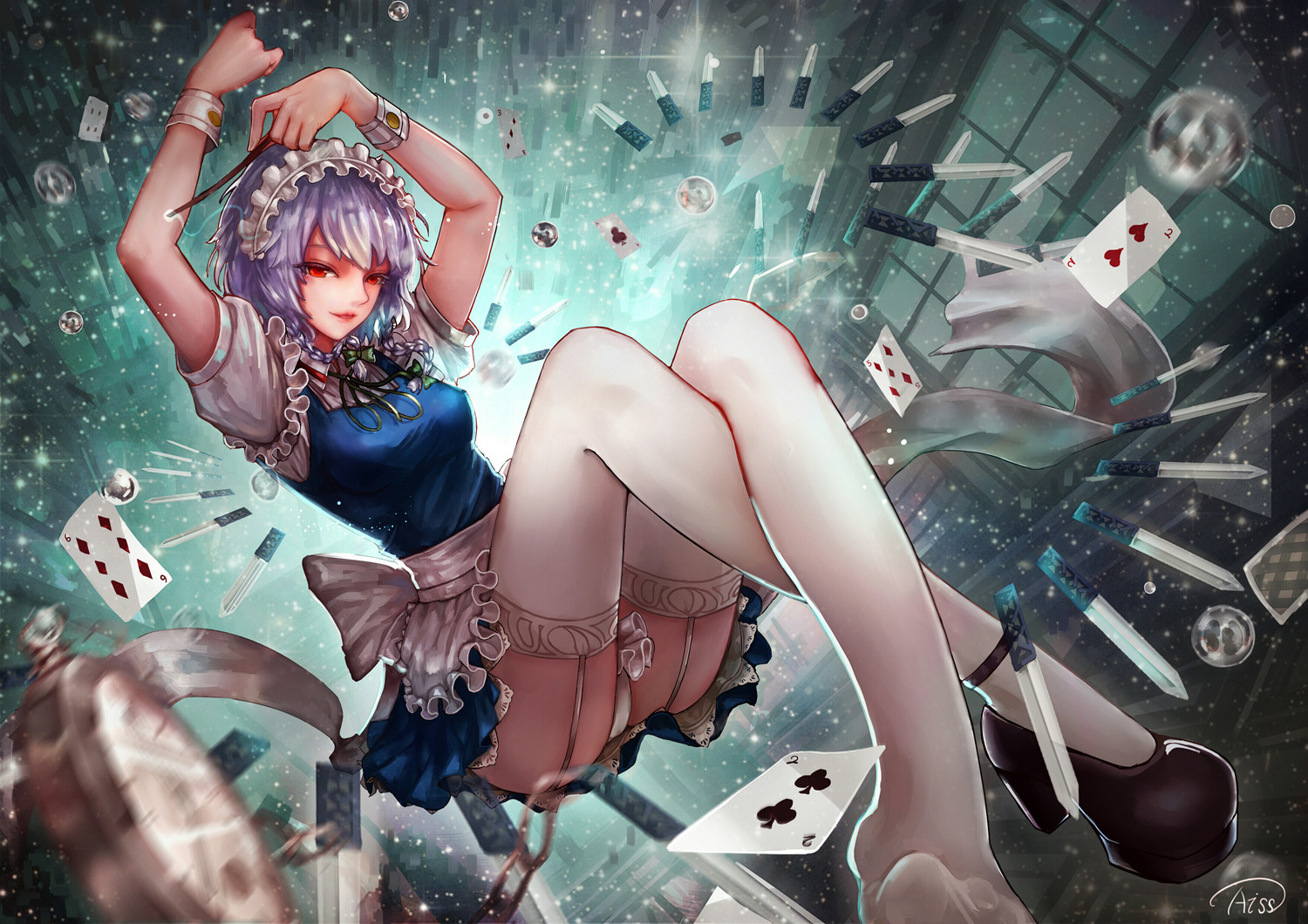 blue_hair, bow, braids, bubbles, dress, garter_belt, headband, izayoi_sakuya, jpeg_artifacts, kiyomasa_ren, knife, maid, red_eyes, short_hair, signed, stockings, thighhighs, touhou