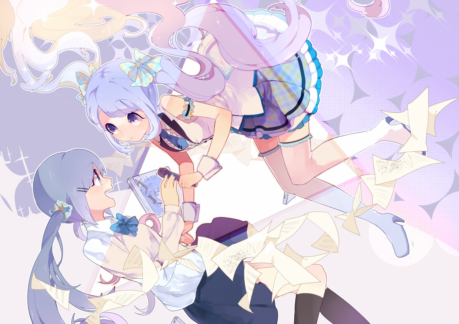 blue_eyes, blue_hair, hassan_(sink916), hatsune_miku, microphone, paper, twintails, vocaloid