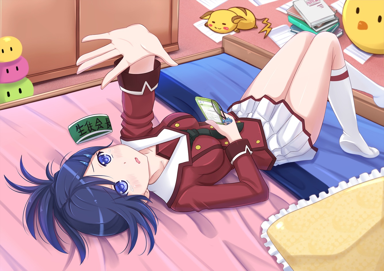 bed, blue_eyes, blue_hair, blush, book, clannad, crossover, dango_(clannad), inou-battle_wa_nichijou-kei_no_naka_de, kazenokaze, kneehighs, kudou_mirei, paper, phone, pokemon, raichu, school_uniform, short_hair, skirt, tears