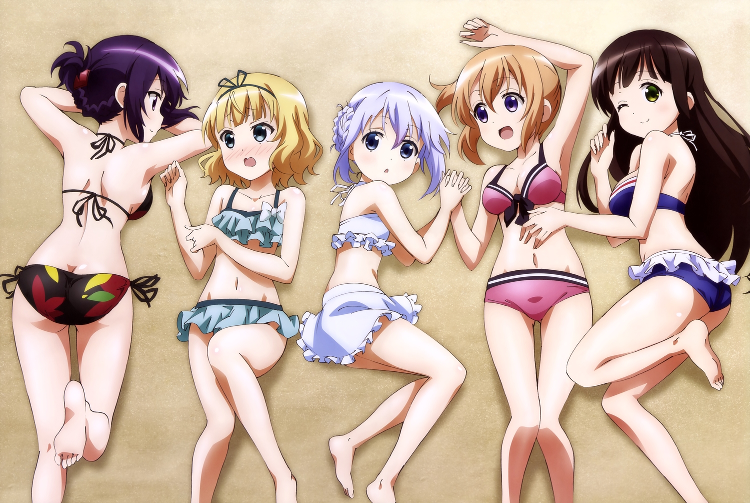 ass, bikini, blush, breasts, cleavage, gochuumon_wa_usagi_desu_ka?, hoto_cocoa, kafuu_chino, kimiya_ryousuke, kirima_sharo, megami, scan, swimsuit, tedeza_rize, ujimatsu_chiya, wink