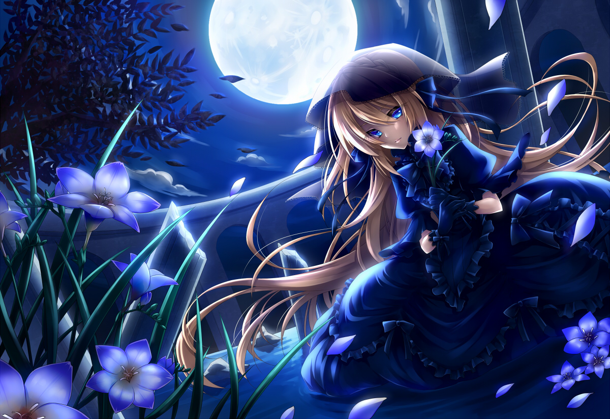 blue_eyes, dress, flowers, gloves, goth-loli, lolita_fashion, long_hair, moon