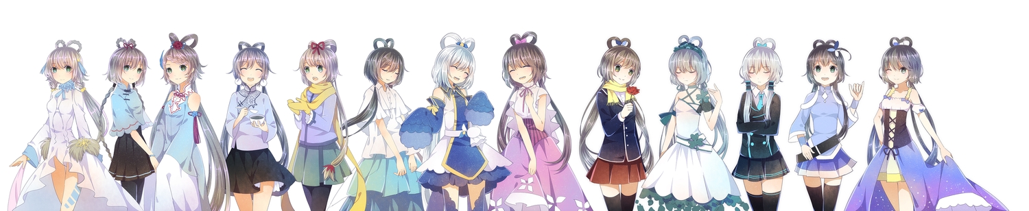 black_hair, braids, dress, drink, flowers, gloves, gray_hair, green_eyes, group, headdress, long_hair, luo_tianyi, rose, scarf, skirt, thighhighs, twintails, vocaloid, vsinger, white_hair, wink, wristwear, xiao_guiling