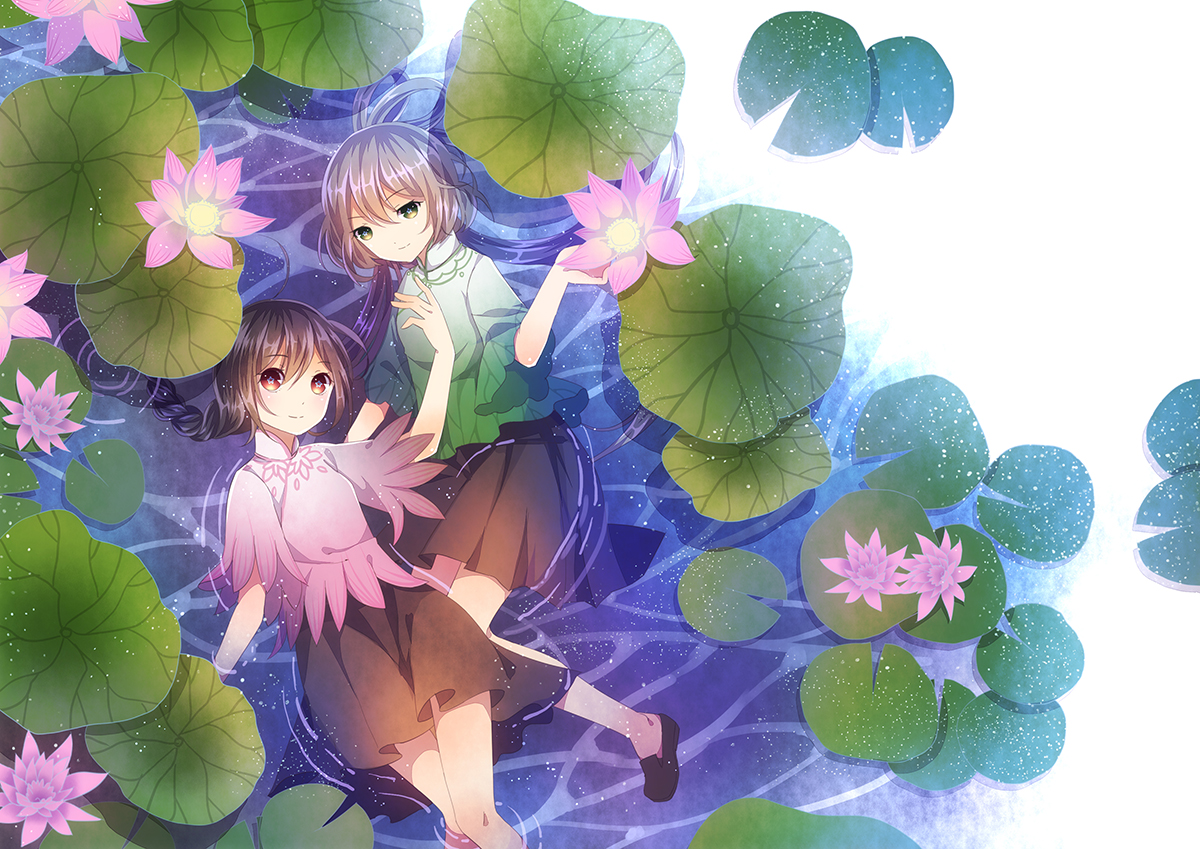 2girls, braids, brown_hair, flowers, gray_hair, green_eyes, long_hair, luo_tianyi, red_eyes, skirt, twintails, vocaloid, vsinger, water, xiao_guiling, yuezheng_ling
