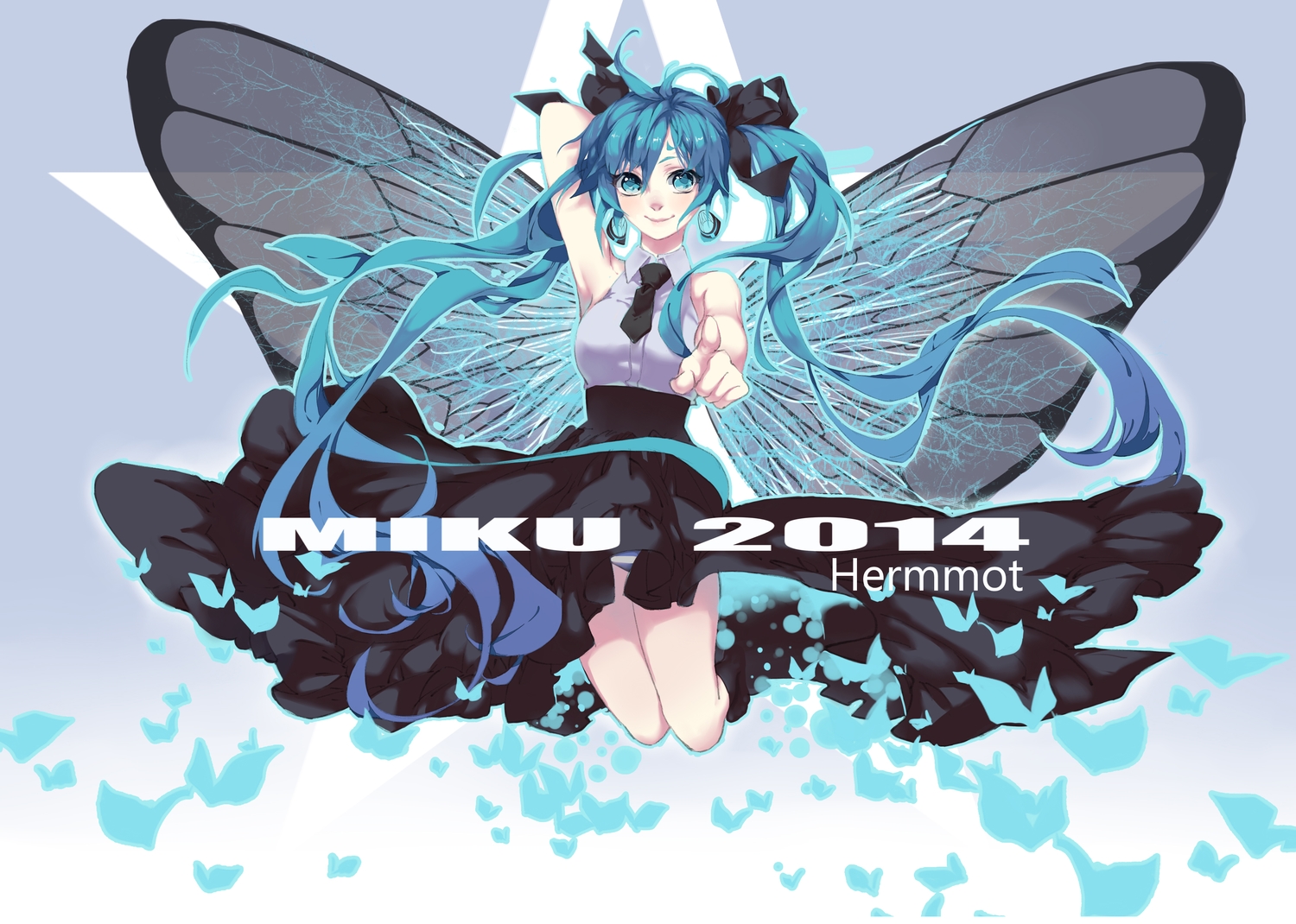 blue_eyes, blue_hair, butterfly, hatsune_miku, kurumi_(recycllamo), long_hair, panties, skirt, striped_panties, tie, twintails, underwear, vocaloid, wings