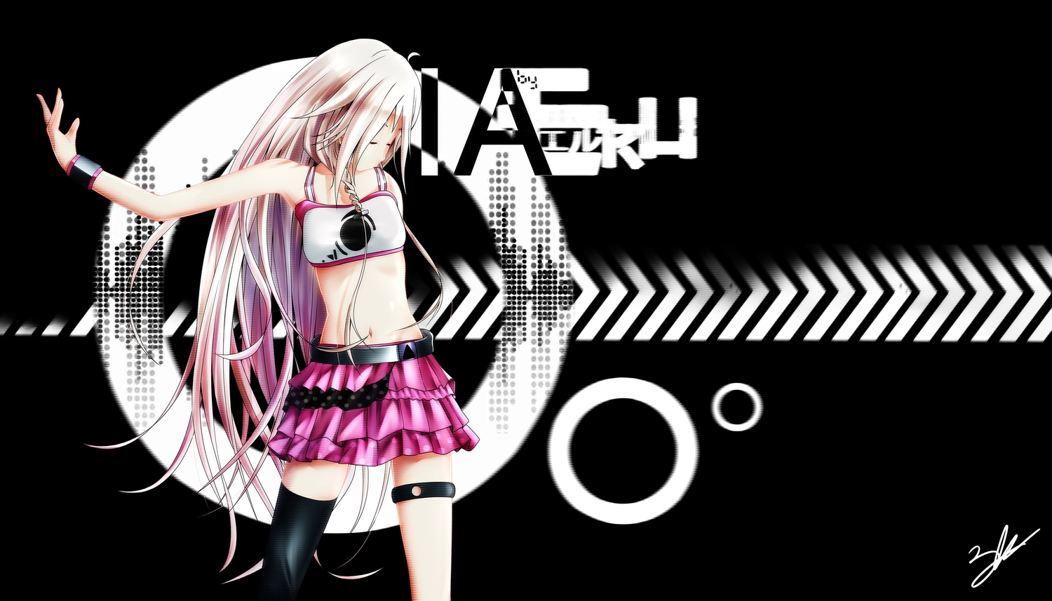 black, eru_(9878622), ia, long_hair, navel, pink_hair, skirt, thighhighs, vocaloid