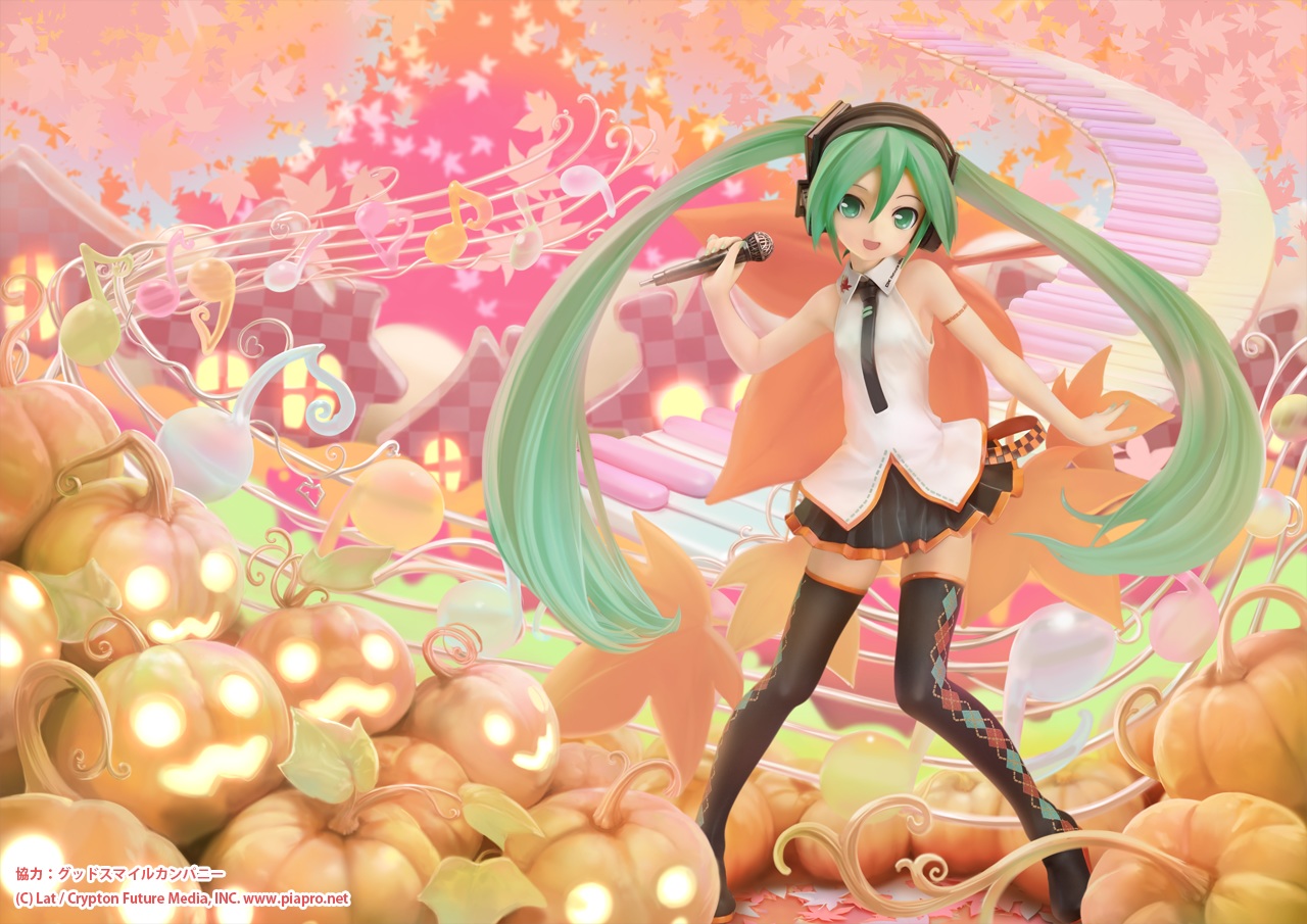 halloween, hatsune_miku, long_hair, microphone, nekoita, skirt, thighhighs, twintails