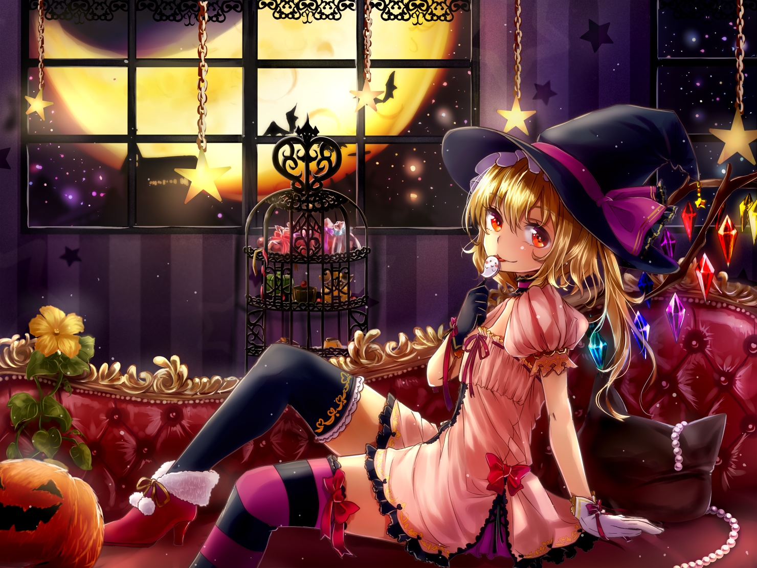 animal, bat, blonde_hair, bow, cage, candy, dress, flandre_scarlet, flowers, gloves, halloween, hat, leaves, lollipop, moon, night, orange_eyes, ponytail, pumpkin, ribbons, shironeko_yuuki, short_hair, stars, thighhighs, touhou, wings, zettai_ryouiki