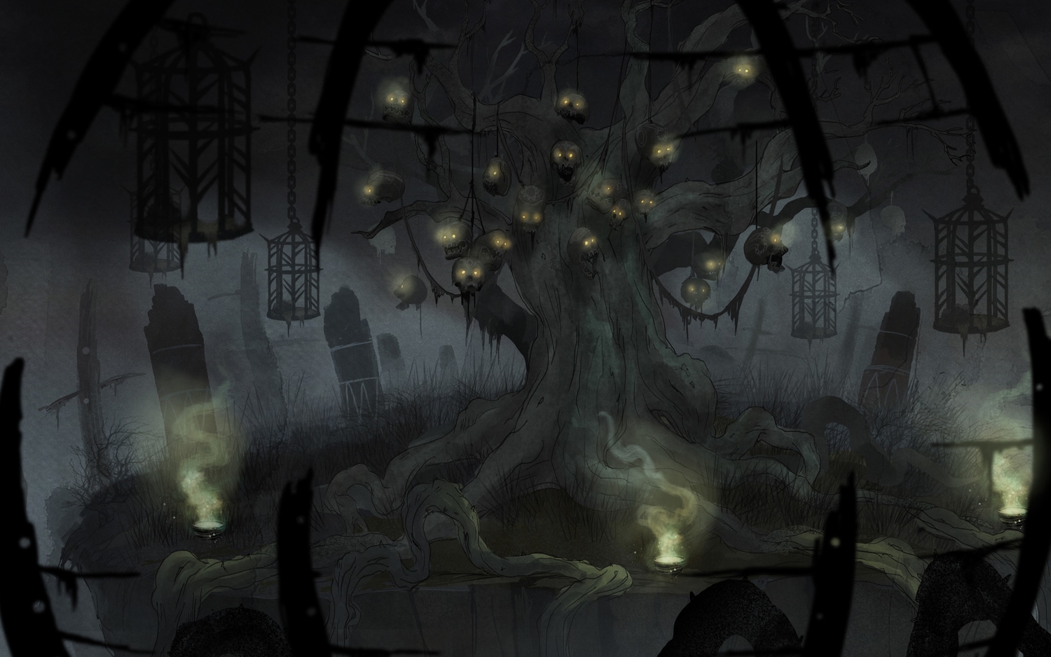 cage, chain, child_of_light, scenic, skull, tree