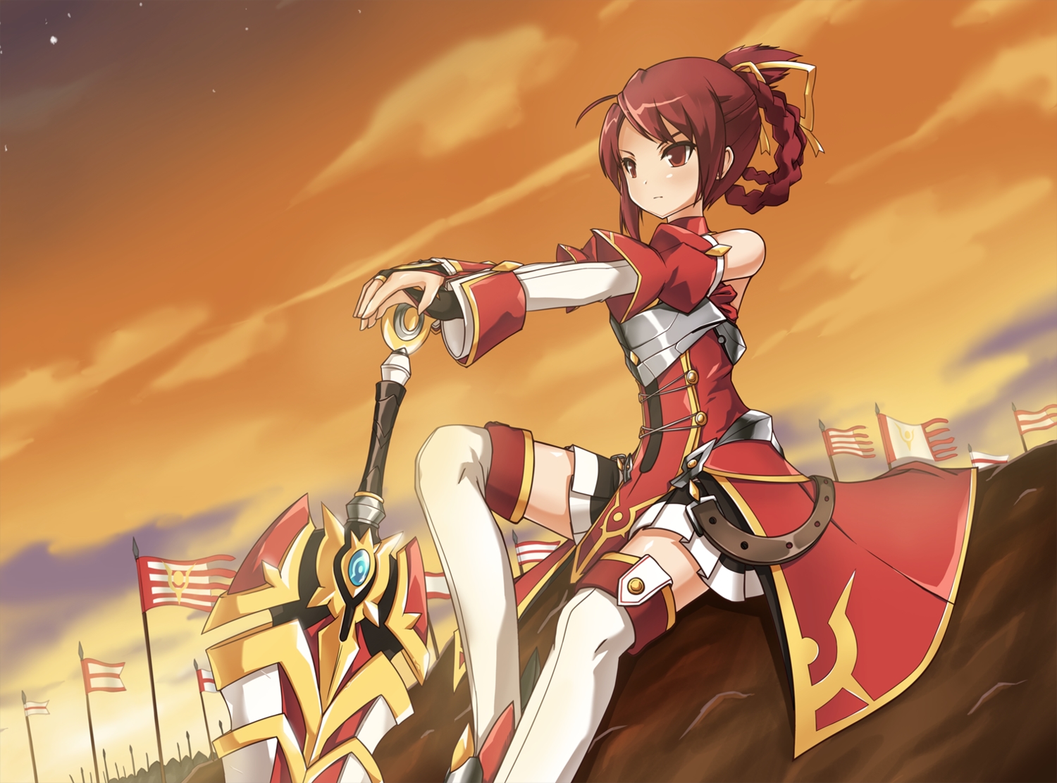 armor, braids, elesis_(elsword), elsword, red_eyes, red_hair, serenasion, skirt
