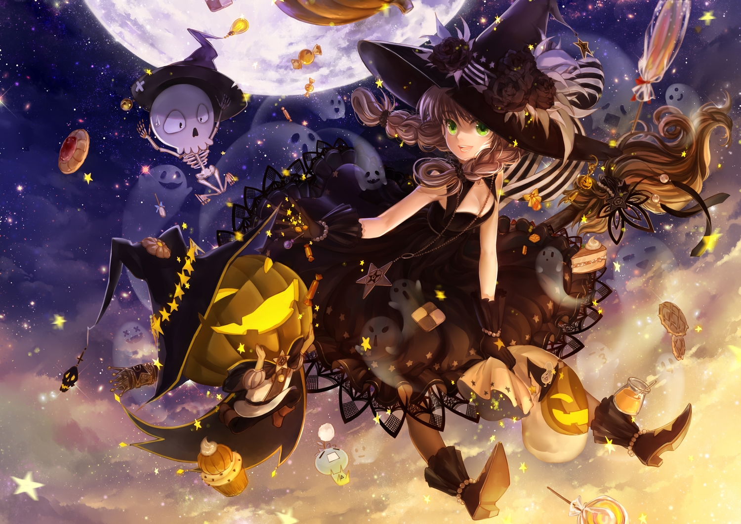 braids, brown_hair, cake, candy, cross, dress, food, gloves, green_eyes, halloween, hat, huazha01, long_hair, moon, necklace, night, original, pumpkin, skull, stars, twintails, witch_hat