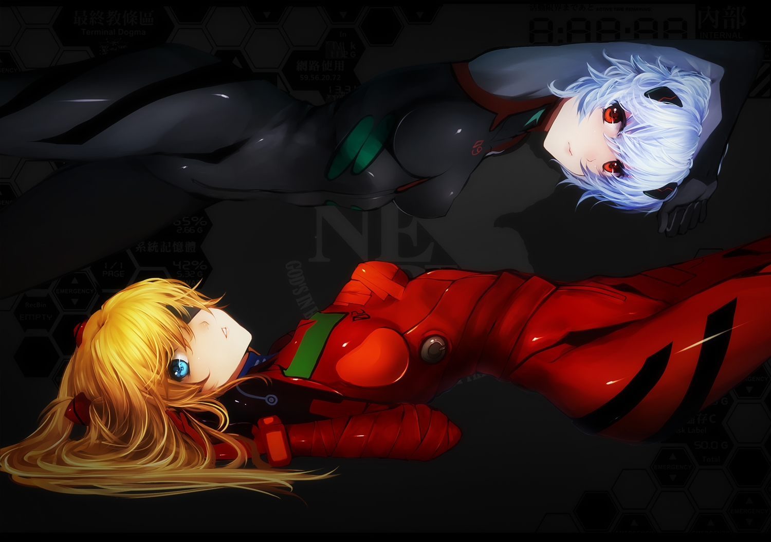 2girls, ayanami_rei, bba_biao, black, blonde_hair, blue_eyes, blue_hair, bodysuit, eyepatch, long_hair, neon_genesis_evangelion, red_eyes, short_hair, skintight, soryu_asuka_langley