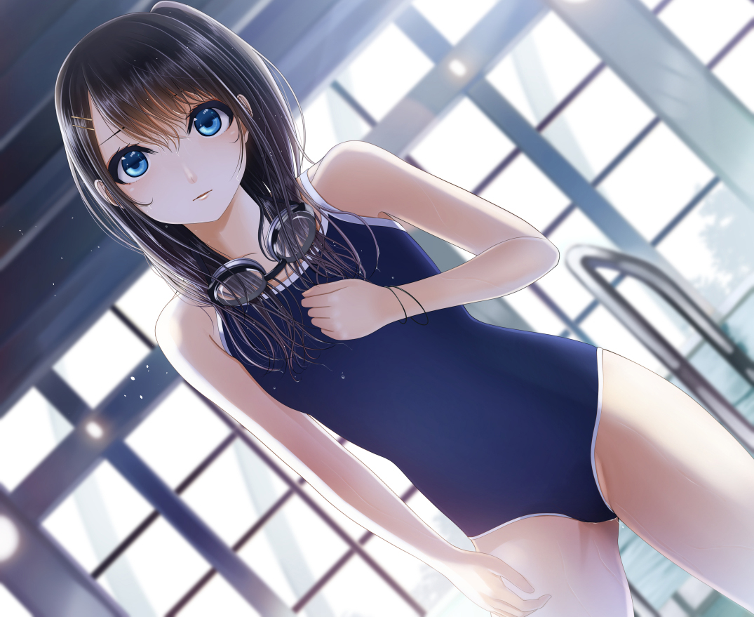 black_hair, blue_eyes, goggles, kentaurosu, long_hair, original, school_swimsuit, swimsuit, wet