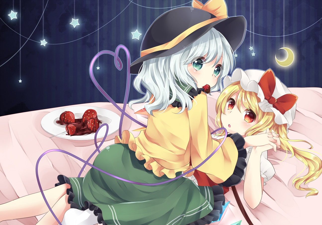 2girls, blonde_hair, bow, flandre_scarlet, food, fruit, green_eyes, green_hair, hat, komeiji_koishi, orange_eyes, short_hair, skirt, strawberry, touhou, yuria_(kittyluv)