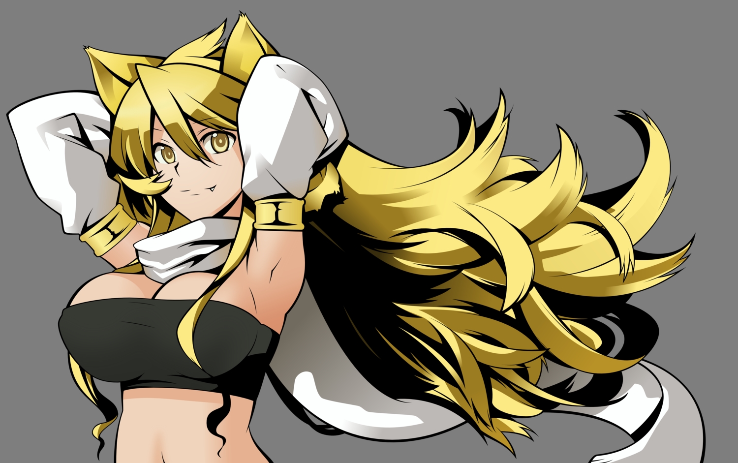 akame_ga_kill!, animal_ears, blonde_hair, breasts, catgirl, cleavage, leone, long_hair, mana_alchemist, navel, vector, yellow_eyes