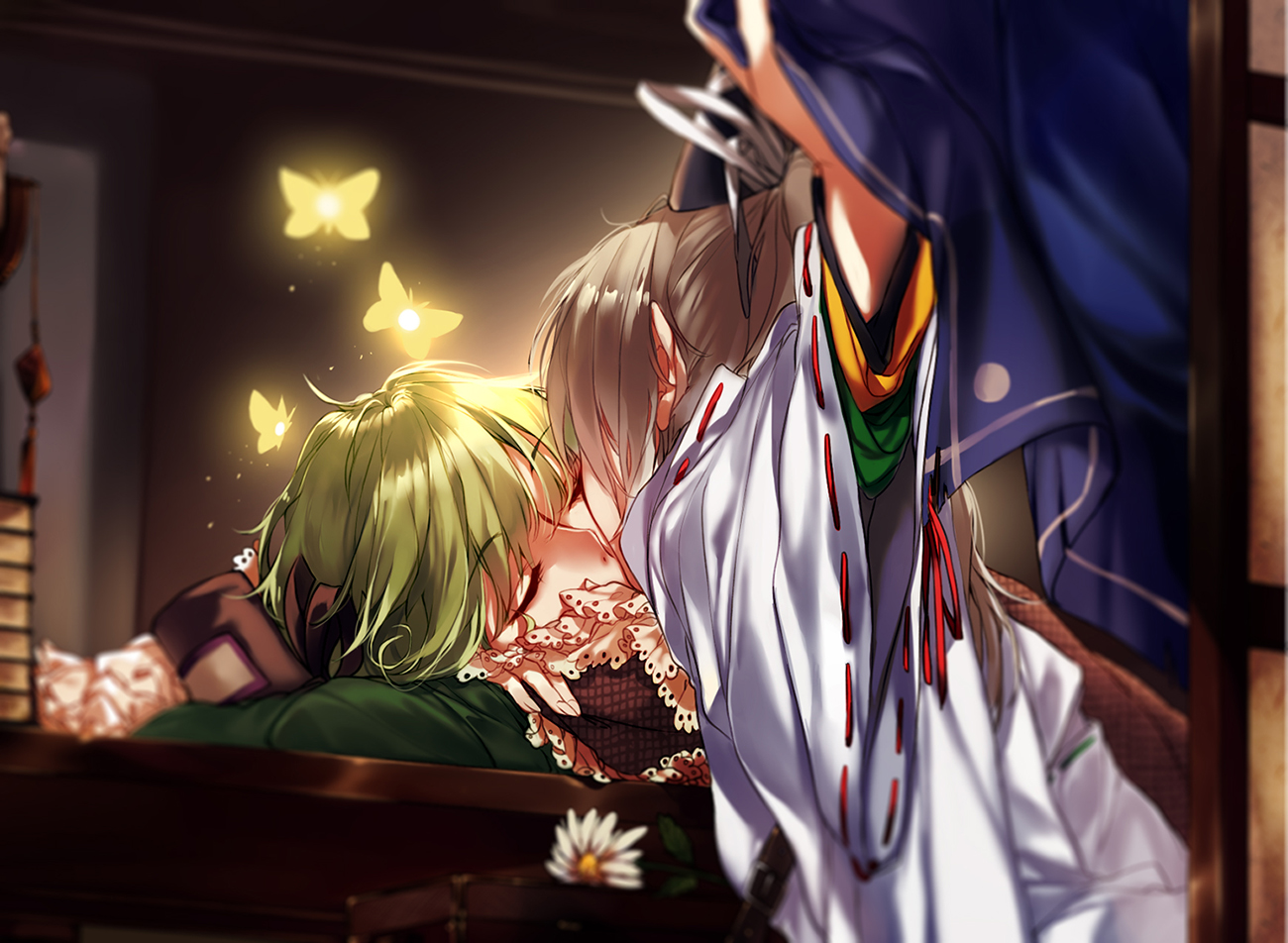 2girls, brown_hair, butterfly, green_hair, hug_(yourhug), japanese_clothes, kiss, mononobe_no_futo