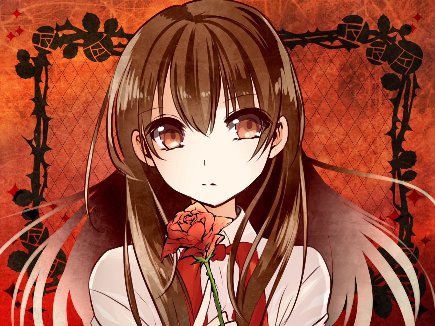 brown_eyes, brown_hair, flowers, ib, ib_(ib), long_hair, rose, yui0a